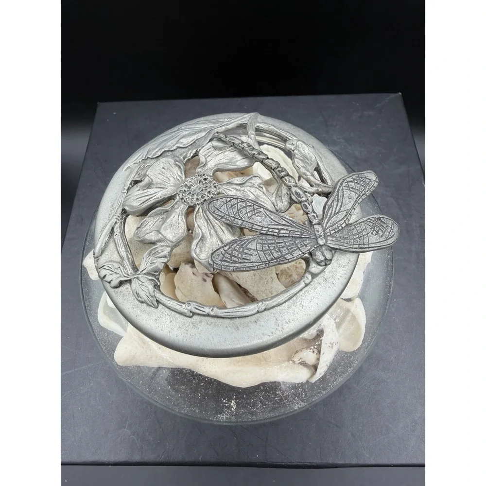 🐉✨ Glass Trinket / Potpourri Dish w/ Pewter Dragonfly Lid – Nature Décor ✨🐉